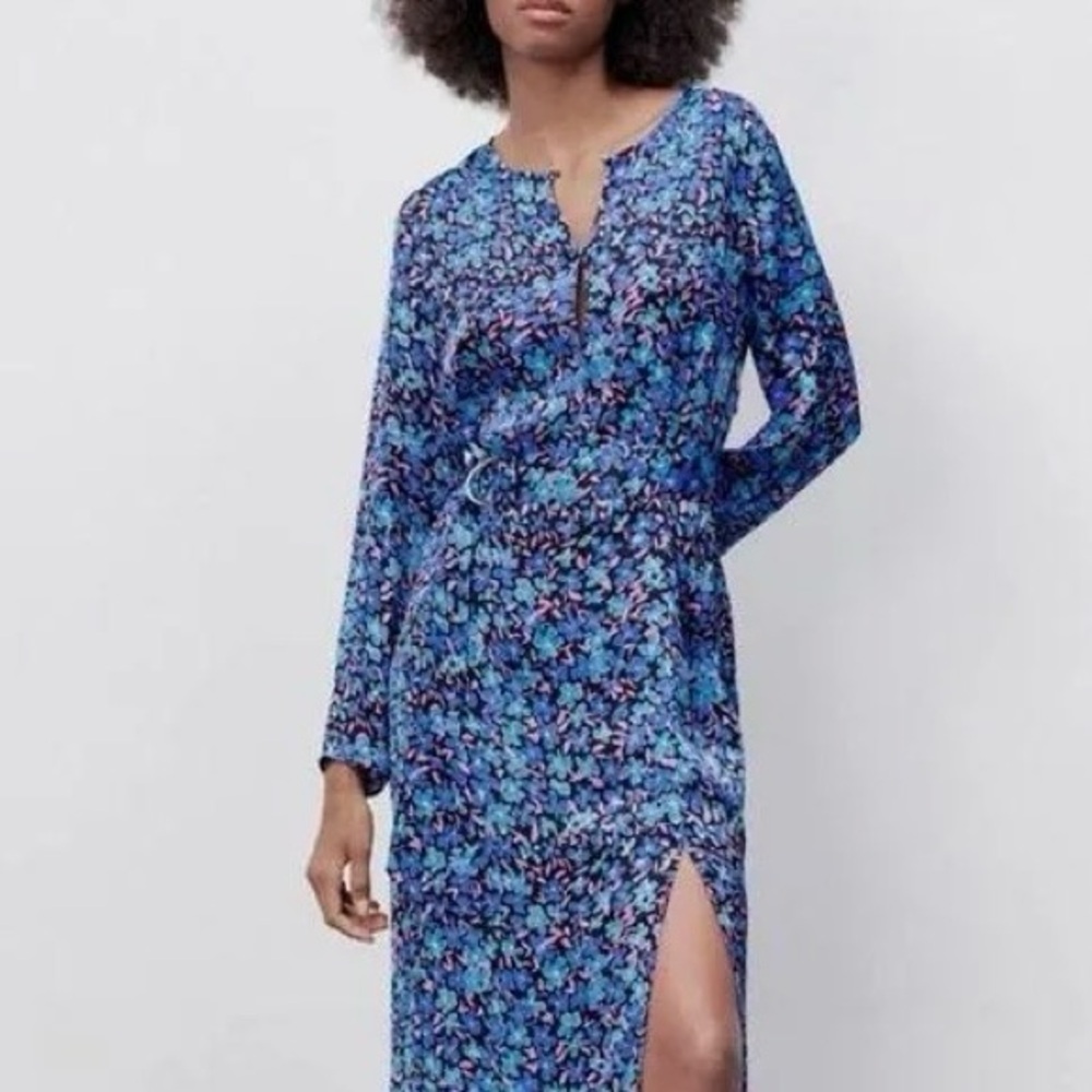 Zara| NEW Blue & Purple Floral Long Sleeve Satin Button Dress Sz XS NWT